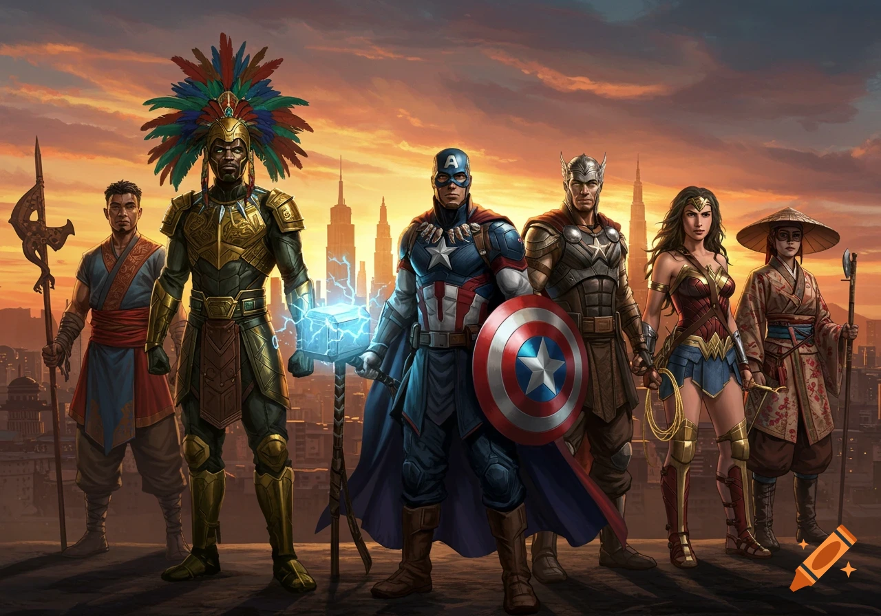 An illustrative image of a diverse superhero team standing heroically against a city skyline at sunset.