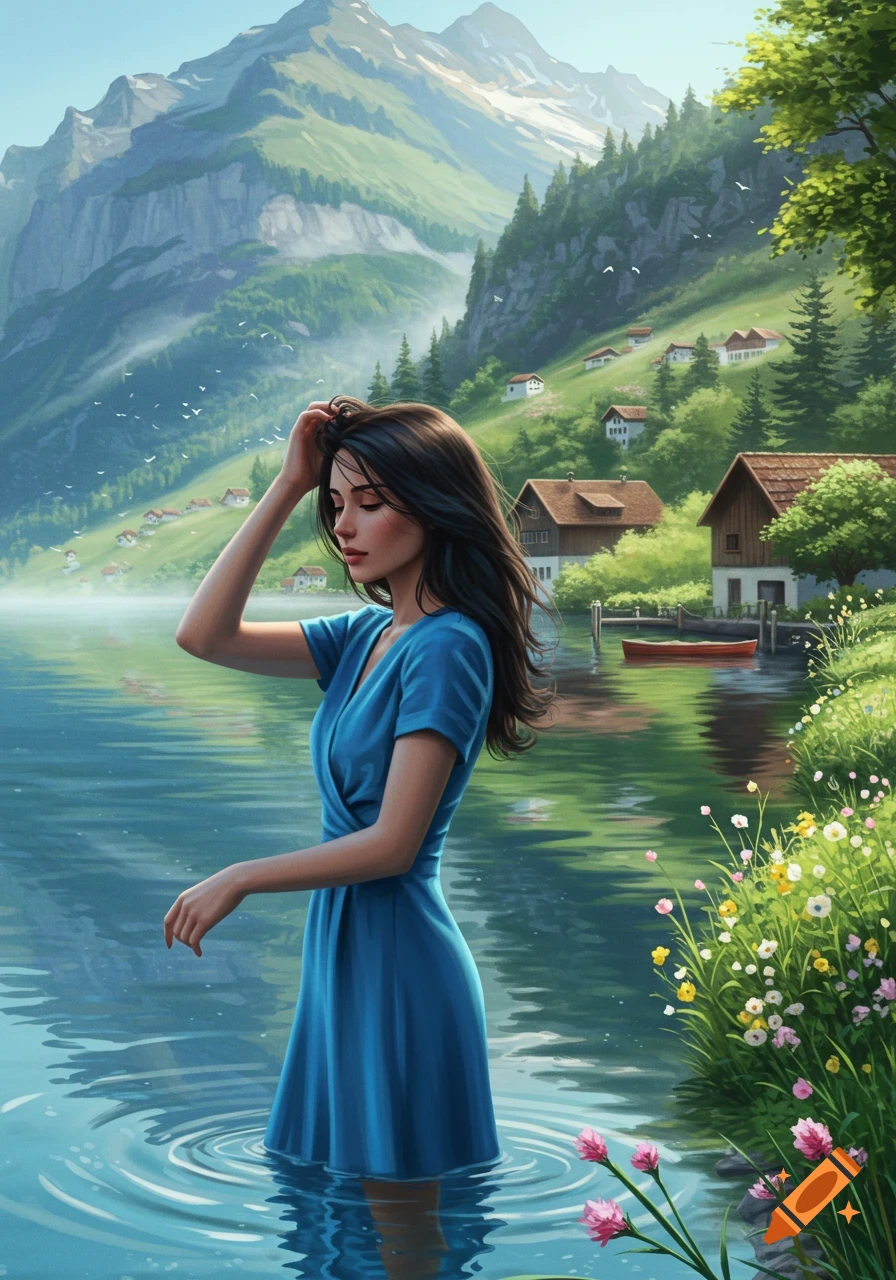 A woman in a blue dress stands in a serene lake with ripples, framed by green mountains and a village, in an illustrative style.