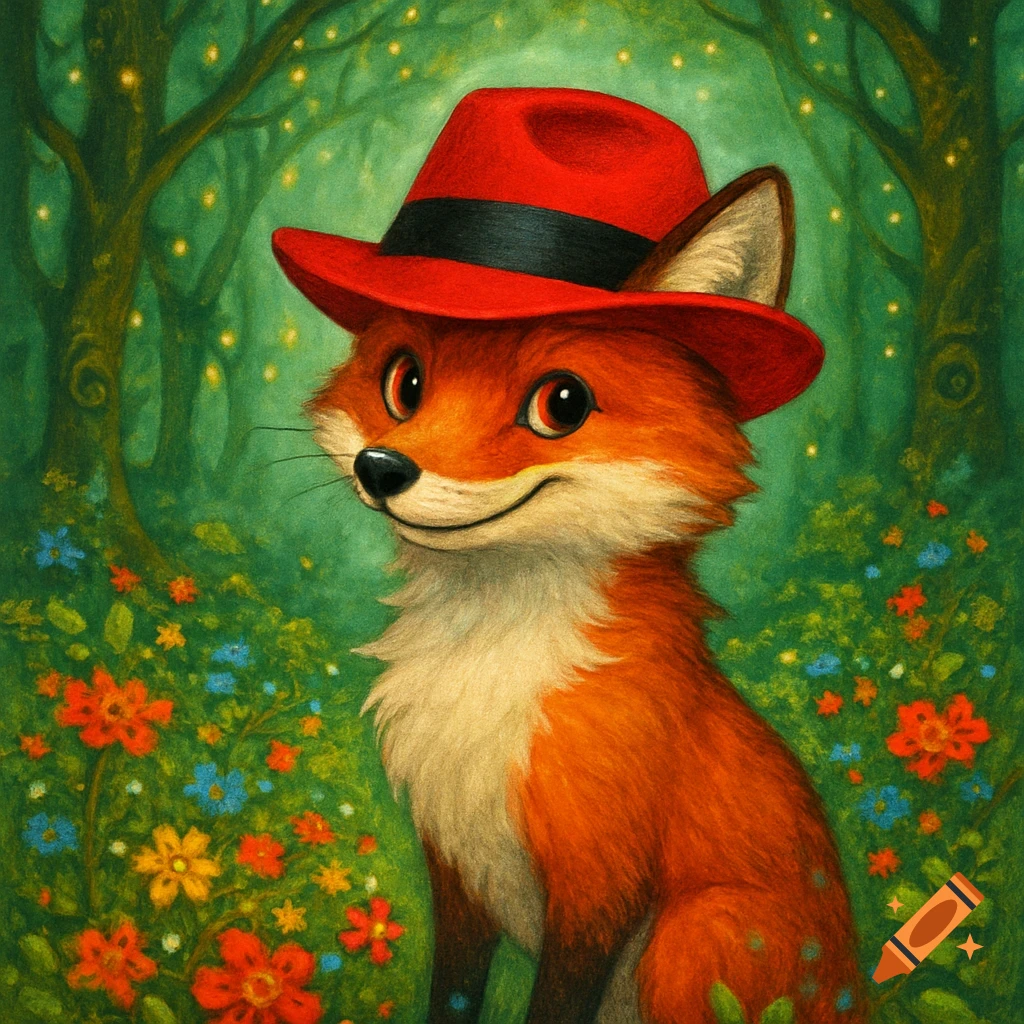 A whimsical illustration of a fox wearing a bright red fedora in a vibrant, glowing forest with wildflowers.