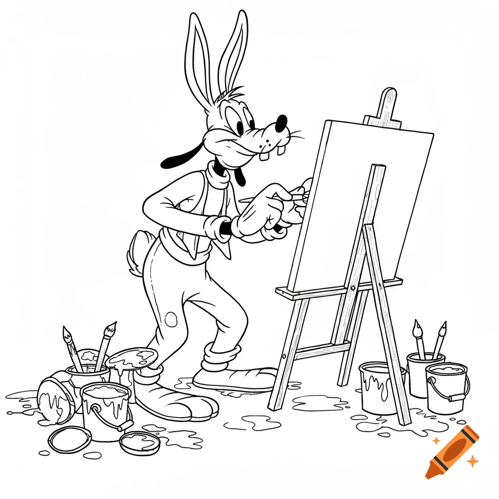 A black and white line drawing of a Goofy-Bugs Bunny hybrid character painting on an easel, surrounded by spilled paint buckets and brushes.