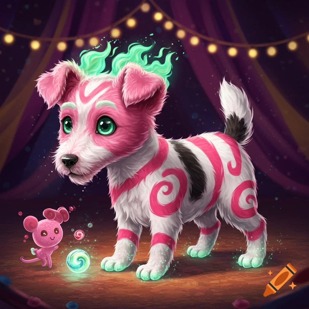A whimsical pink and white puppy with glowing green ears, eyes, and paws stands in a circus tent, with a small pink creature and glowing candy.
