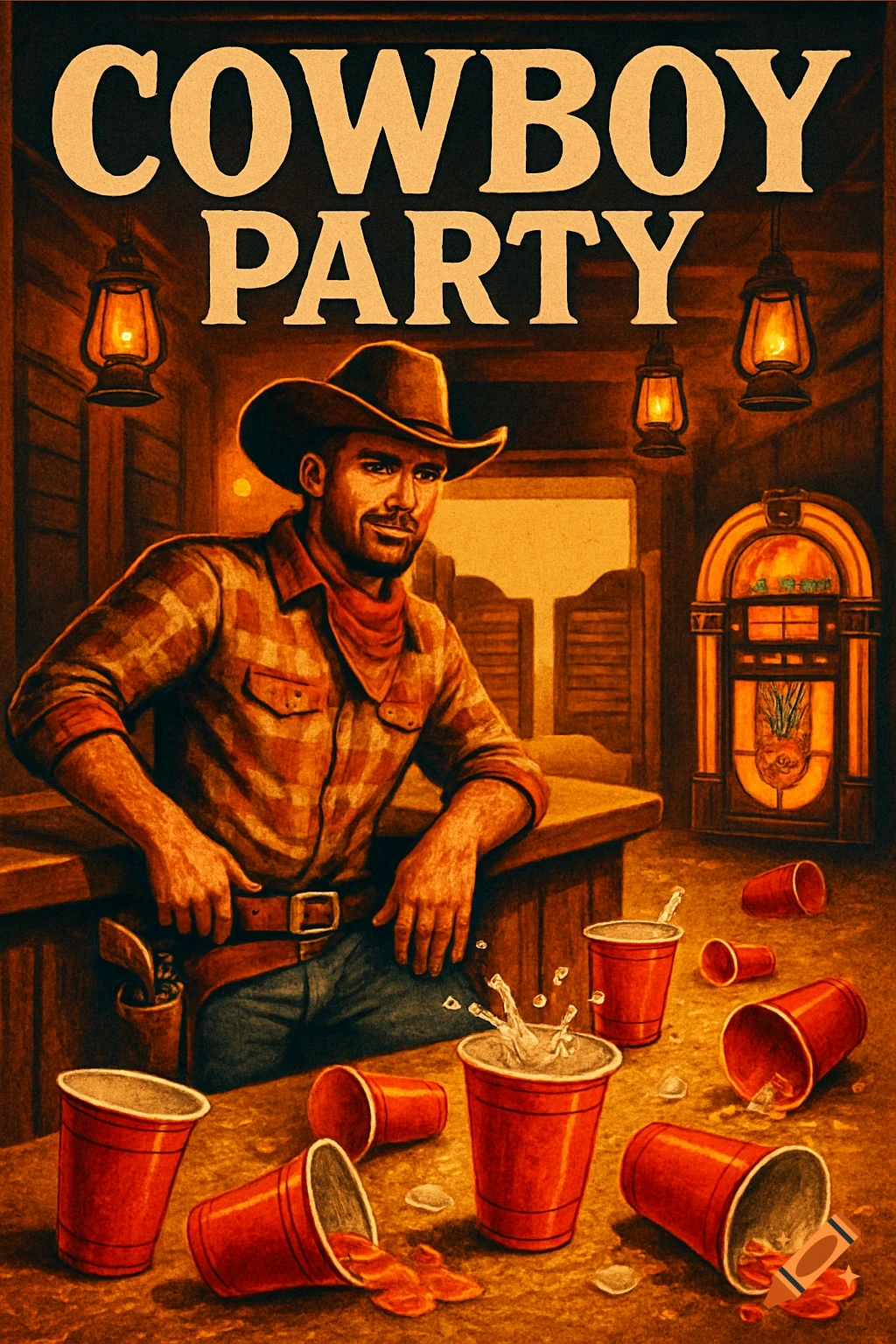 Stylized illustration of a cowboy in a saloon with spilled red solo cups and 'COWBOY PARTY' text.