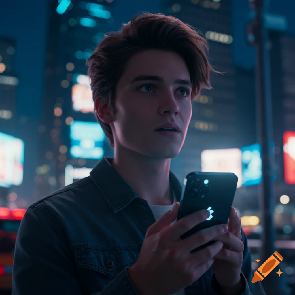 A young man holds an iPhone in a neon-lit city at night, looking up. Photorealistic.