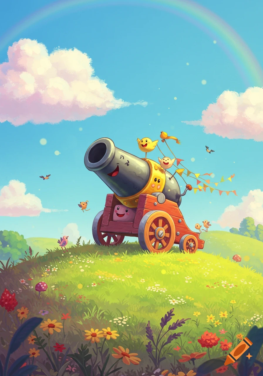 A cheerful cartoon cannon with a smiling face sits on a flowery green hill, surrounded by small yellow birds, under a bright blue sky with a rainbow.