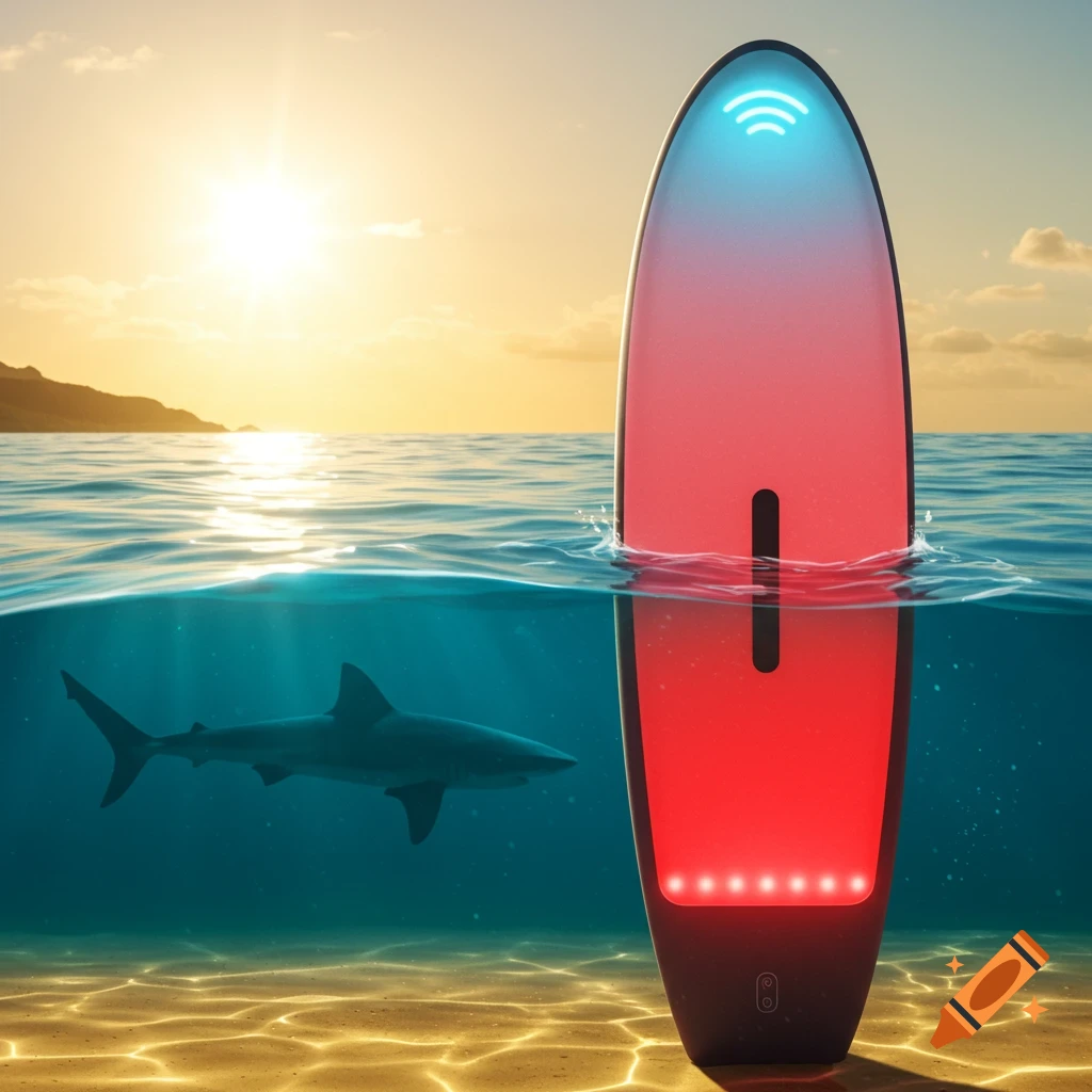 A futuristic glowing red and blue surfboard stands in clear ocean water with a shark swimming below, against a sunset sky.