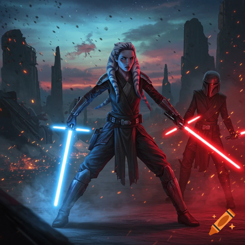A female Togruta Jedi with a blue lightsaber battles a Mandalorian-like figure with a red lightsaber in a fiery, ruined landscape.