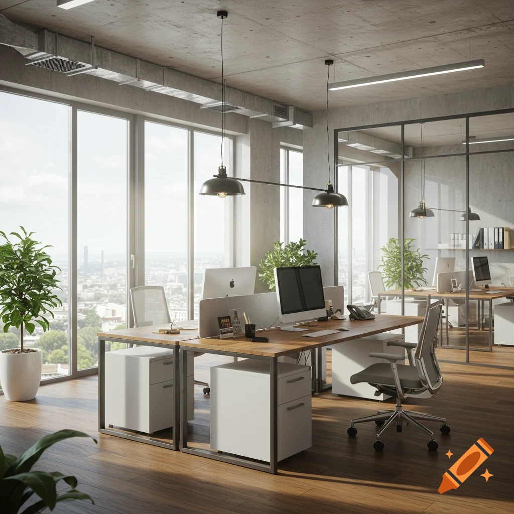 Photorealistic modern office interior with large windows, city view, wood floors, concrete ceiling, desks, computers, and plants.