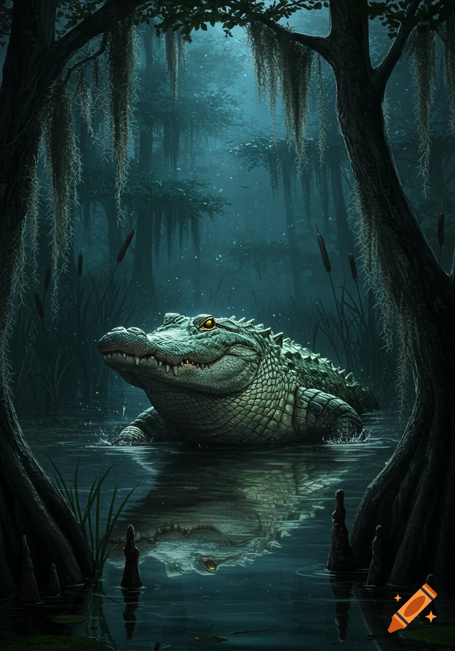 A large alligator with glowing yellow eyes in dark swamp water, framed by moss-draped trees in a misty forest.