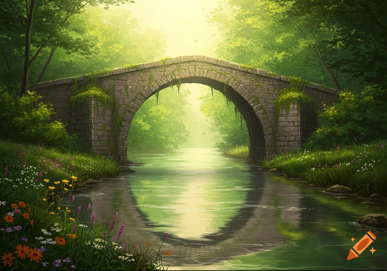 A stylized painting of an old stone arch bridge over a river, surrounded by lush green forest and wildflowers under a bright, glowing sky.