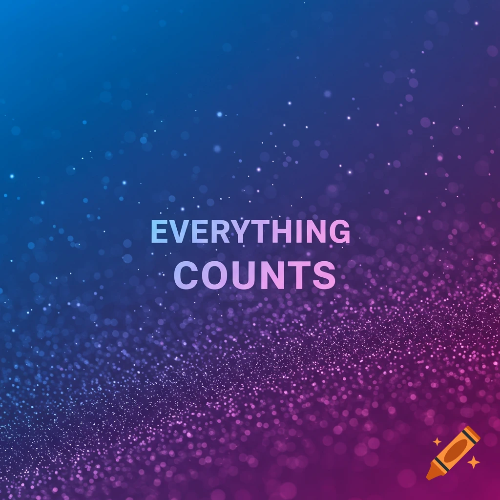 The quote "Everything Counts" in white text with a pink to blue gradient is centered on a shimmering abstract background with sparkling particles.