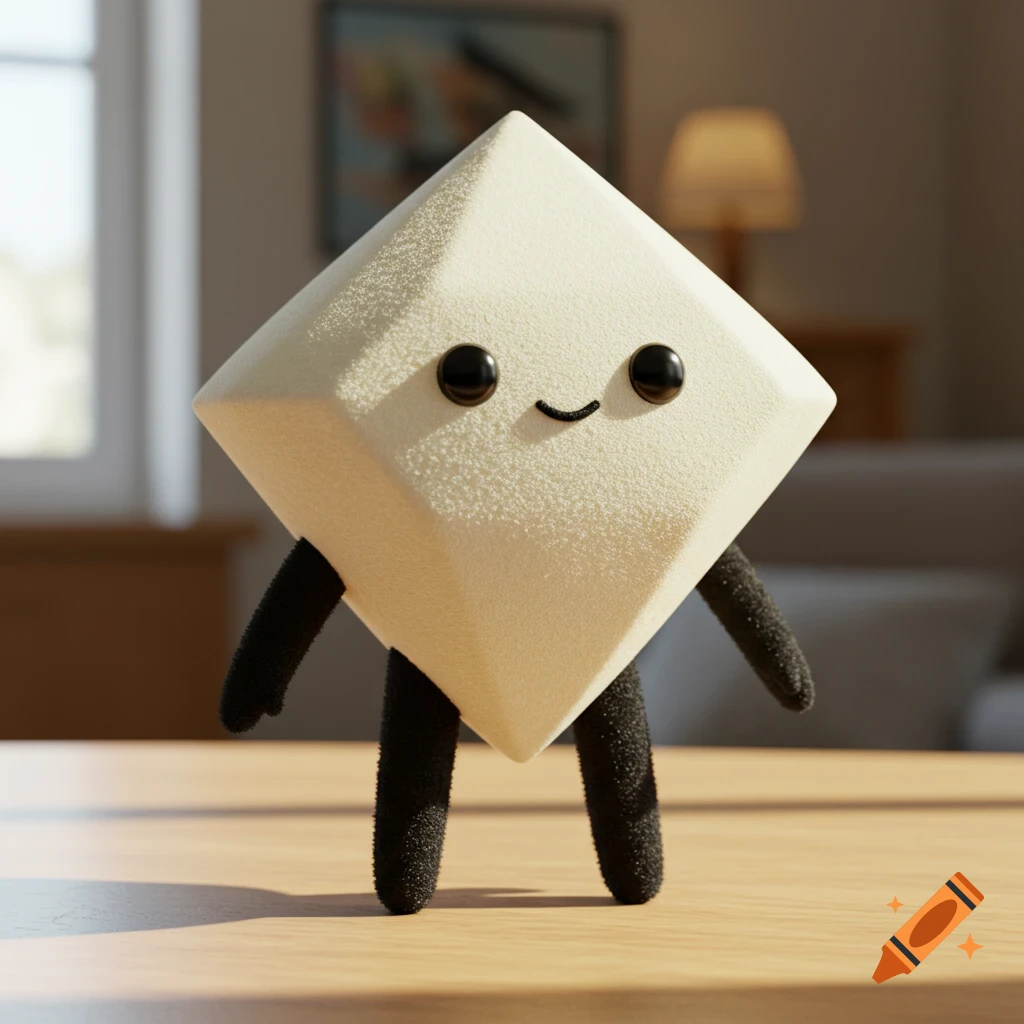 A cute white diamond-shaped 3D character with black limbs and a smile stands on a wooden table in a sunlit room.