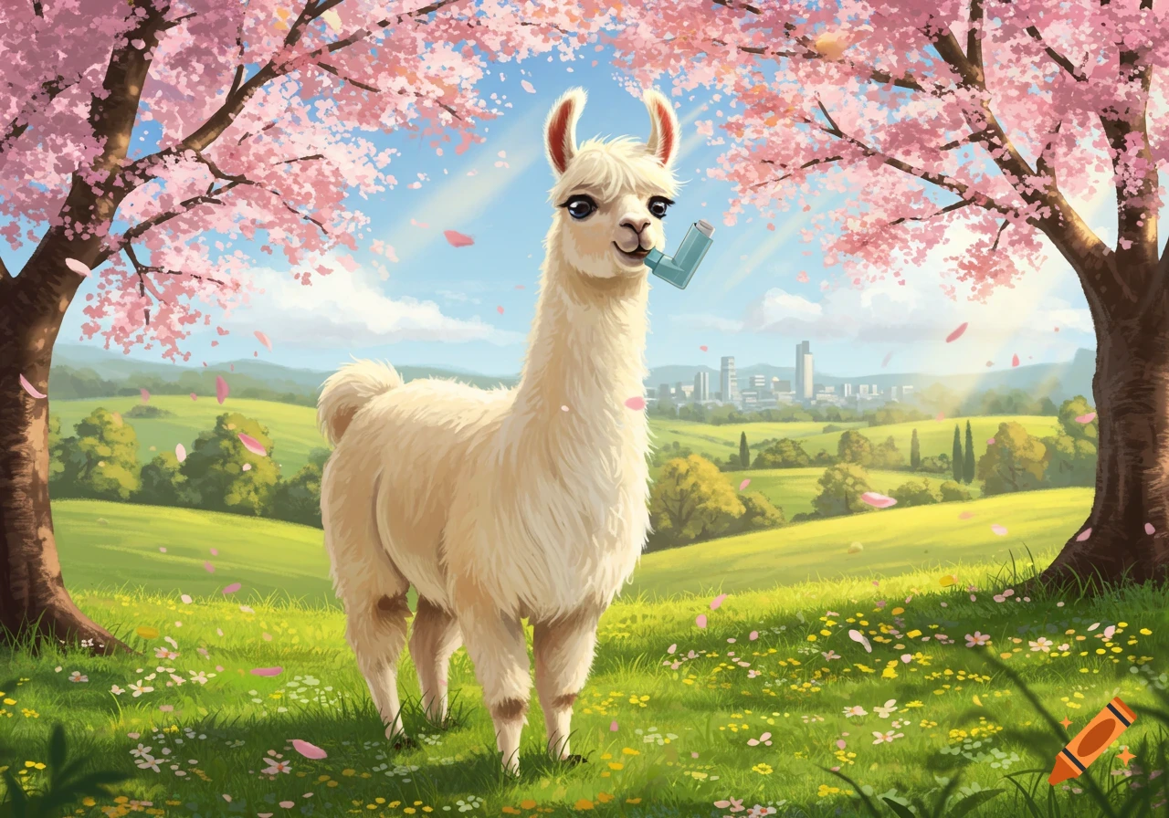 A white llama with an inhaler in its mouth stands in a vibrant green field with pink cherry blossom trees and a city skyline in a cartoon illustration.