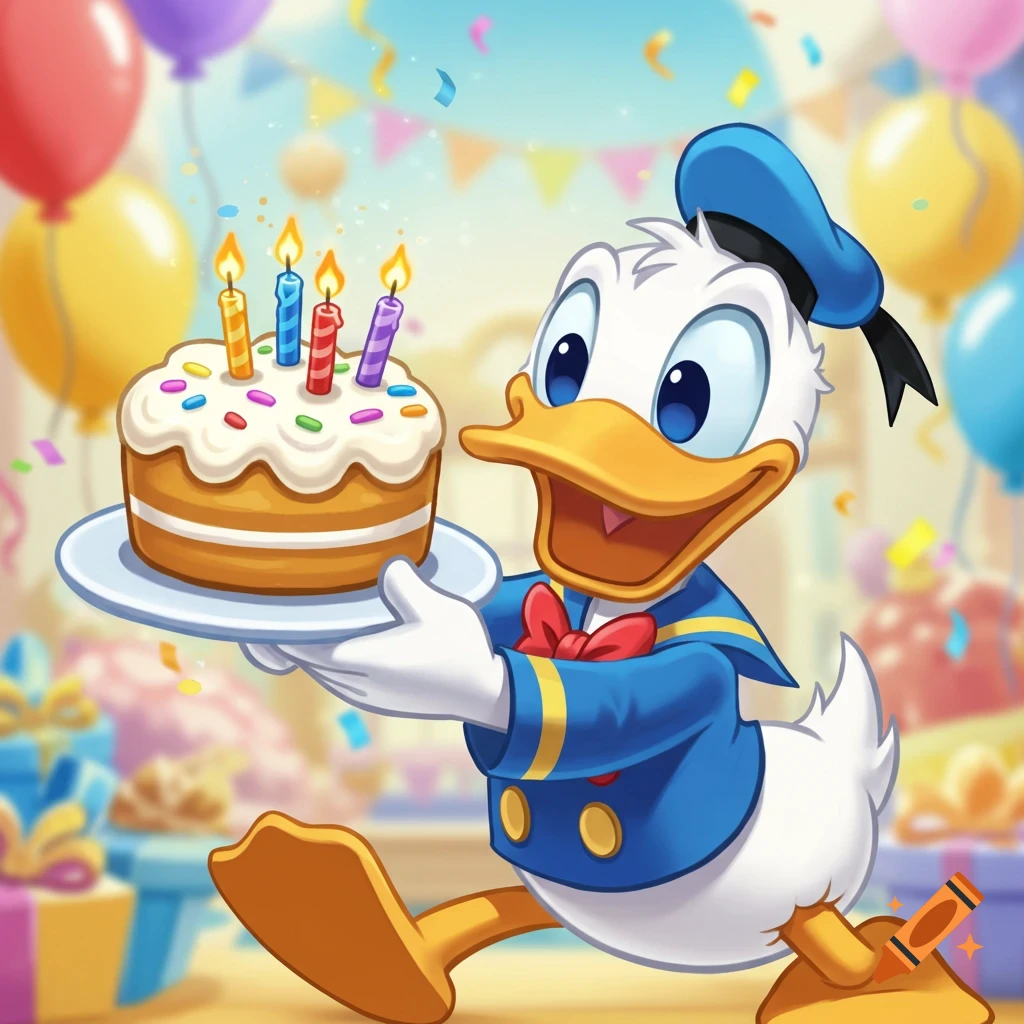 Donald Duck holding a birthday cake with lit candles, amidst colorful balloons and falling confetti in a cheerful cartoon style.