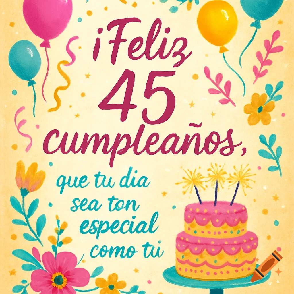 Vibrant watercolor birthday card with balloons, flowers, and a two-tier cake, featuring text in Spanish about a 45th birthday.