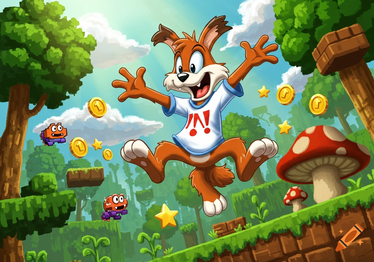 A cheerful cartoon bobcat-like character, Bubsy, wearing a white t-shirt with a red 'W!' logo, jumps excitedly in a vibrant pixelated video game world filled with floating coins, stars, green platforms, and mushrooms.