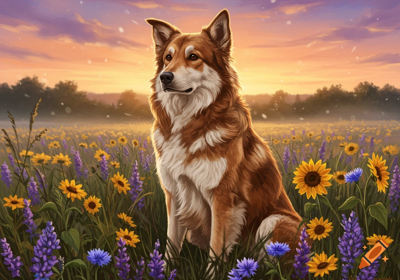 A brown and white dog sits in a field of yellow sunflowers and purple lupines at sunset, digital painting.