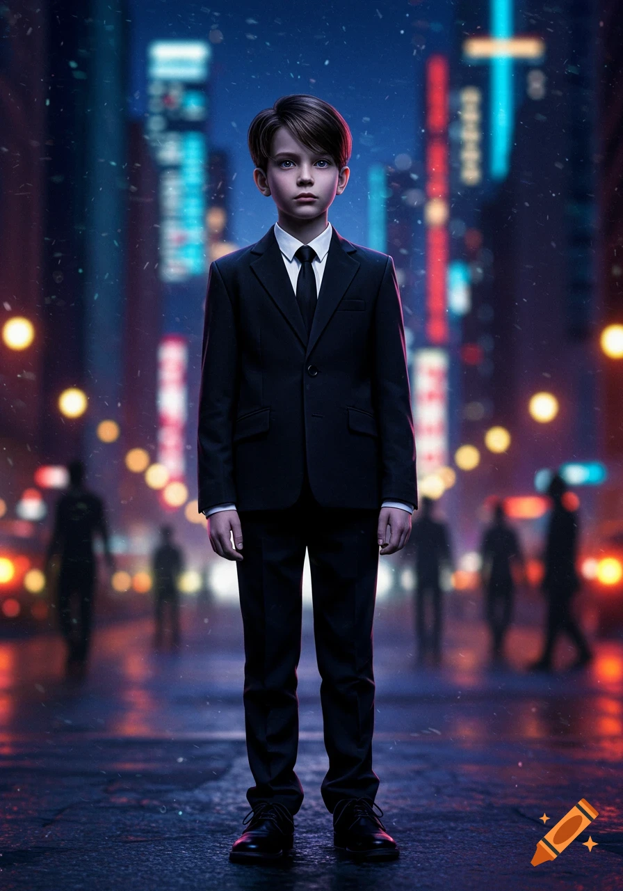 A serious boy in a black suit and tie stands on a wet, rainy city street at night, with blurred neon lights in the background.