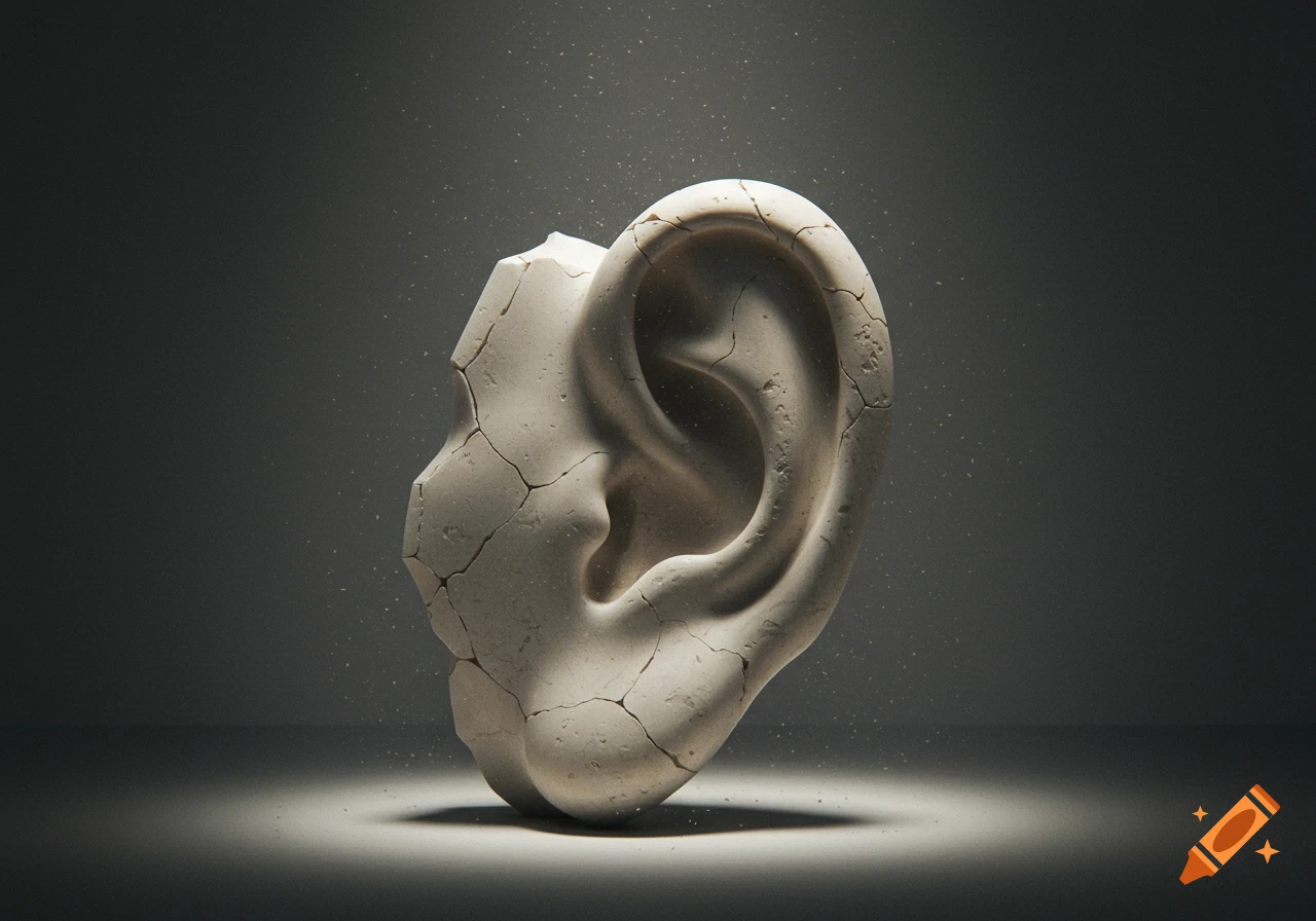 A stylized, cracked, stone-like sculpture of an ear, illuminated from below, set against a dark, textured background.