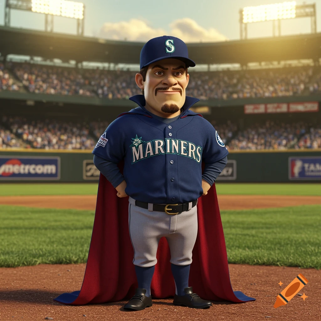Cartoon Lord Farquaad in a Seattle Mariners baseball uniform and red cape, standing on a pitcher's mound in a stadium.