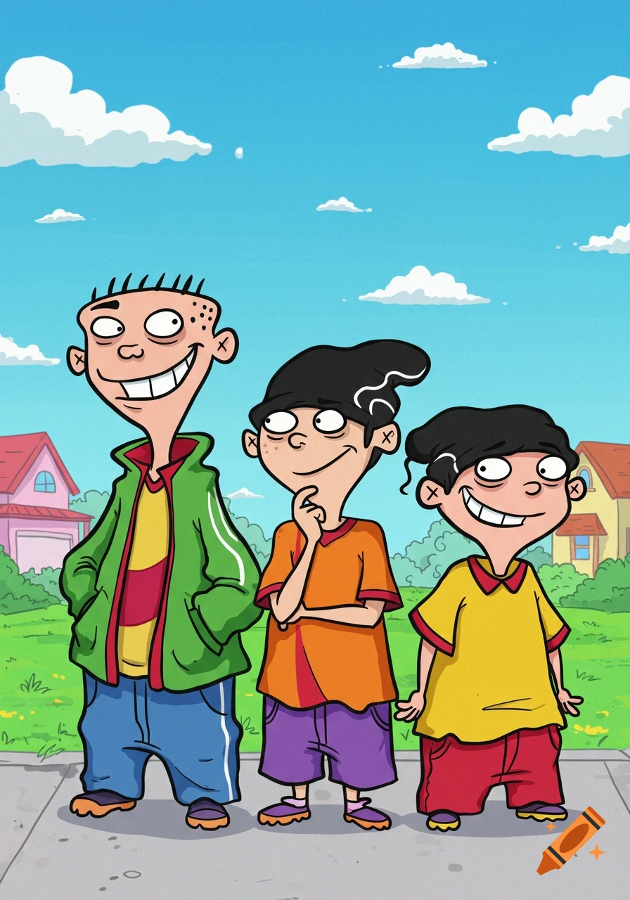 Cartoon characters Ed, Edd, and Eddy stand smiling on a sidewalk in a bright suburban neighborhood.