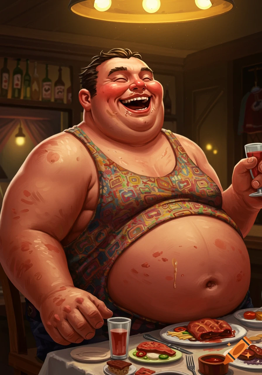 Cartoon of a very obese man with food stains, wearing a colorful singlet, laughing heartily while holding a glass and surrounded by plates of food.