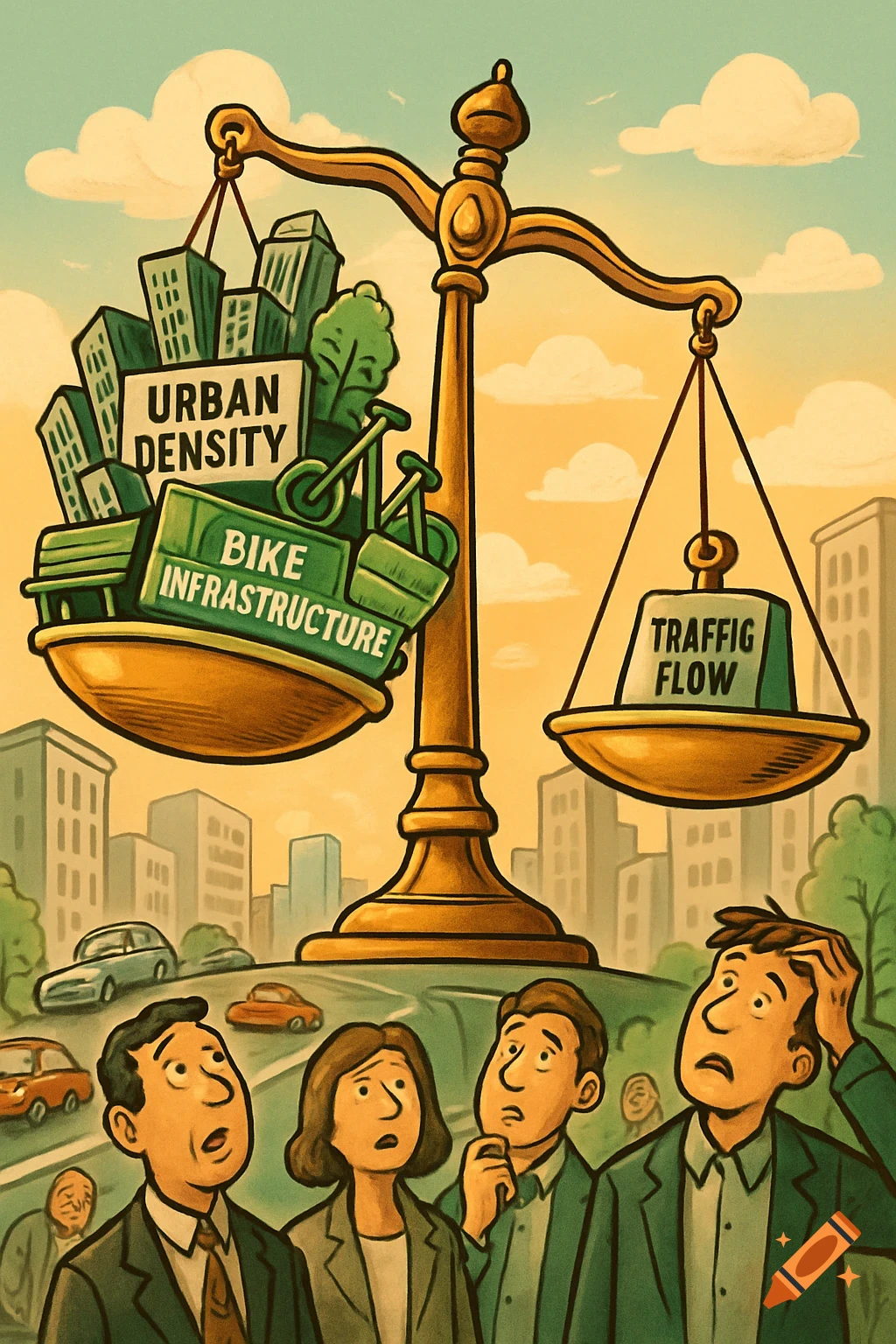 Cartoon illustration of a scale balancing urban density and bike infrastructure against traffic flow, with confused commuters below.