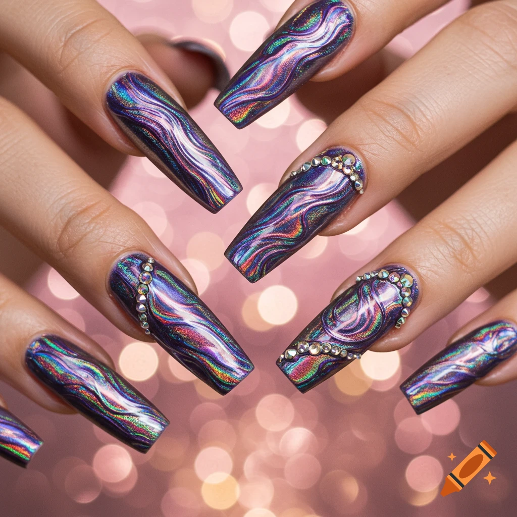Close-up of hands with long, coffin-shaped nails featuring iridescent, wavy patterns and rhinestone accents on a pink bokeh background.