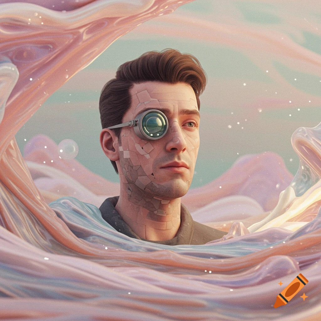 A man with a monocle and cracked skin on his face is surrounded by swirling pink and blue abstract forms.