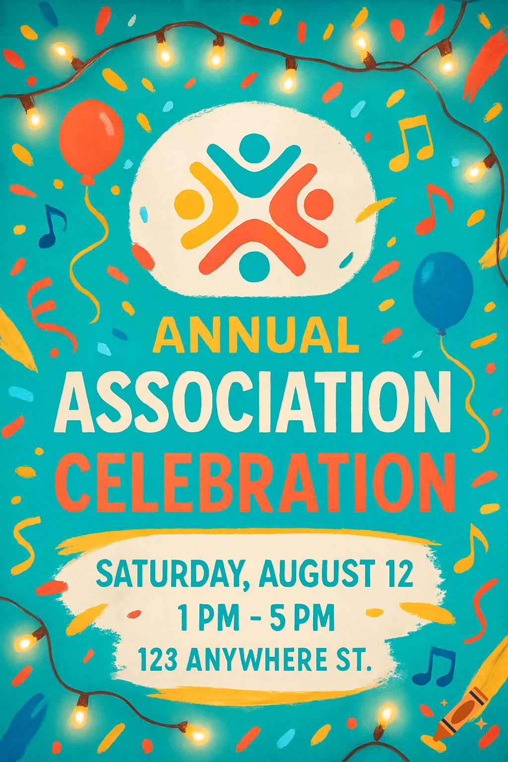 Vibrant illustrated poster for an annual association celebration with a logo, text, balloons, confetti, and string lights.