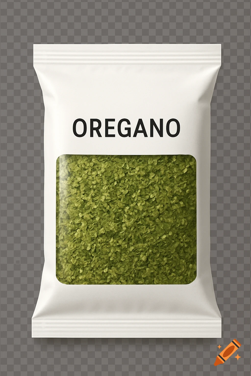 A photorealistic white bag of oregano with a transparent window showing the green spice inside, on a transparent background.