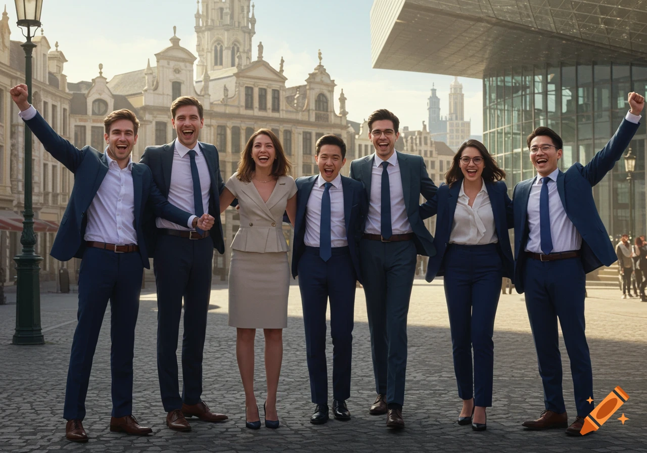 A diverse group of formally dressed business professionals cheers and smiles in a historic city square with grand architecture.