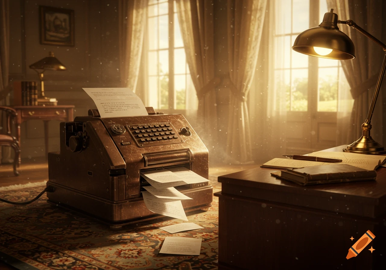 A vintage fax machine in a sunlit study, with papers spilling out onto a patterned rug. A brass desk lamp illuminates a desk with books and a pen.