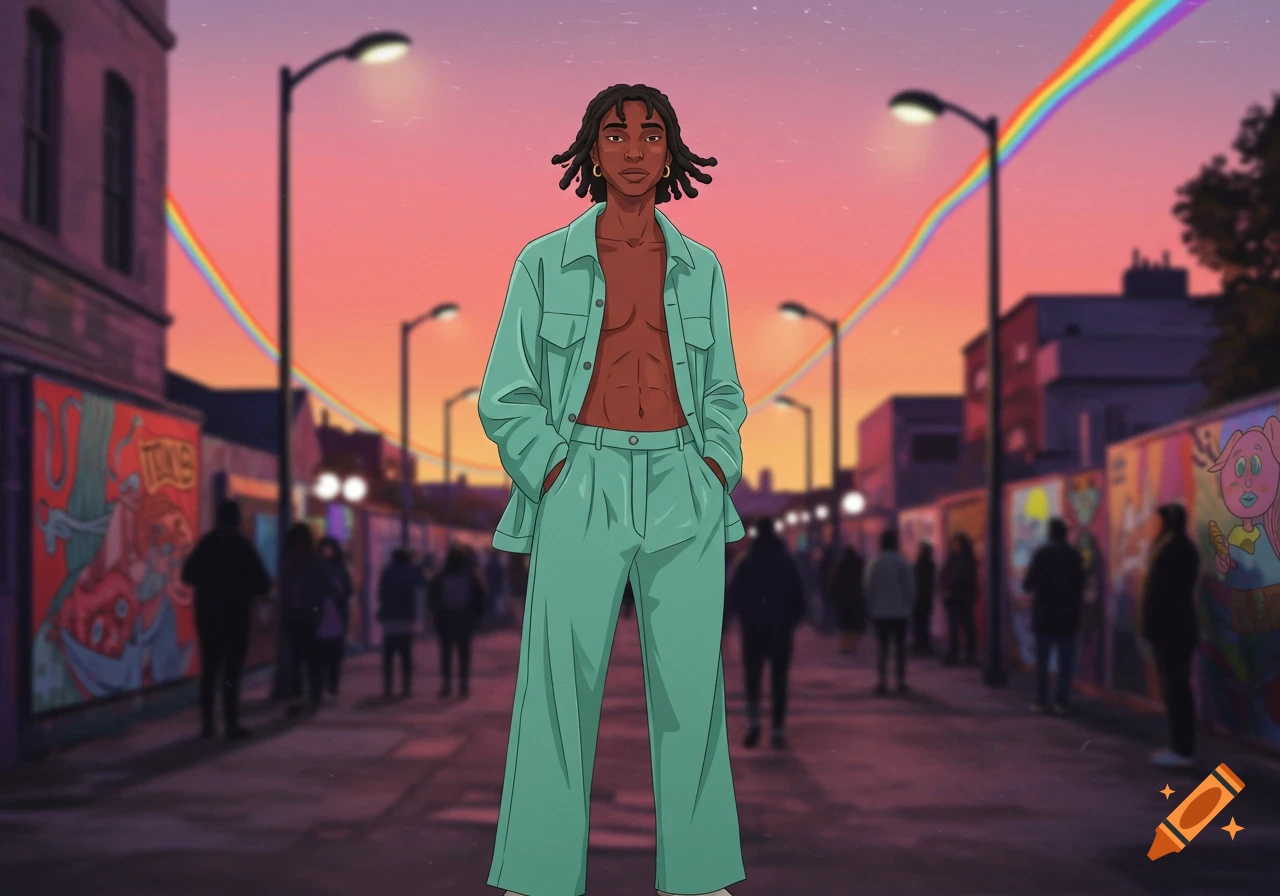 Illustration of a person with dreadlocks, an open teal shirt, and pants, standing in an urban street with a blurred background and rainbow arcs.