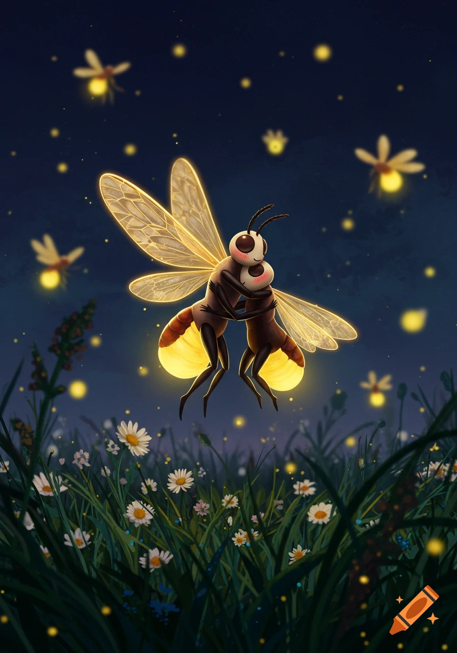 A cute illustration of two fireflies with glowing abdomens hugging in a field of daisies at night, with other fireflies flying in the background.