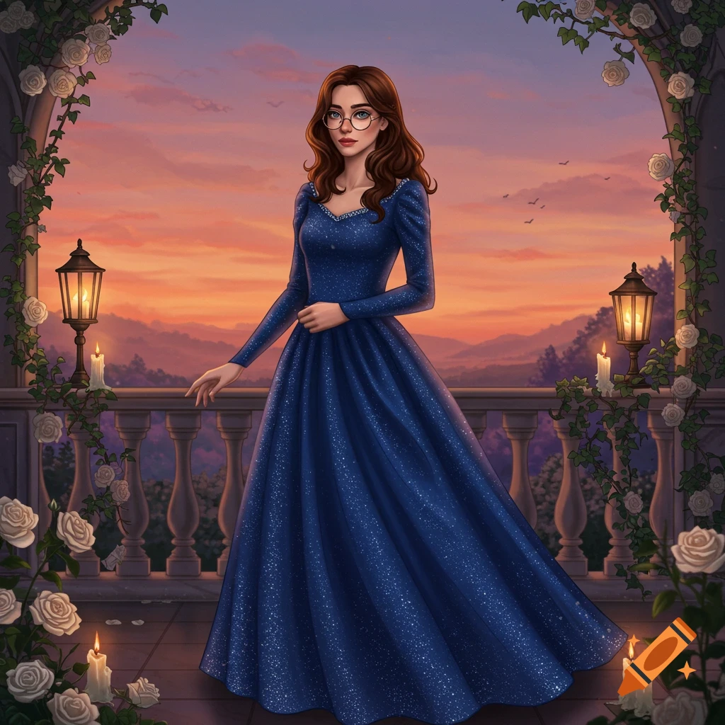 An illustration of a princess in a sparkling blue dress and glasses standing on a rose-draped balcony at sunset.