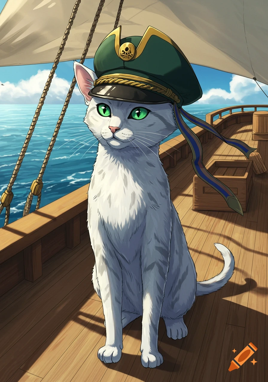 An anime-style white cat with bright green eyes wears a dark green military hat, sitting on a wooden boat deck with blue water and sky in the background.
