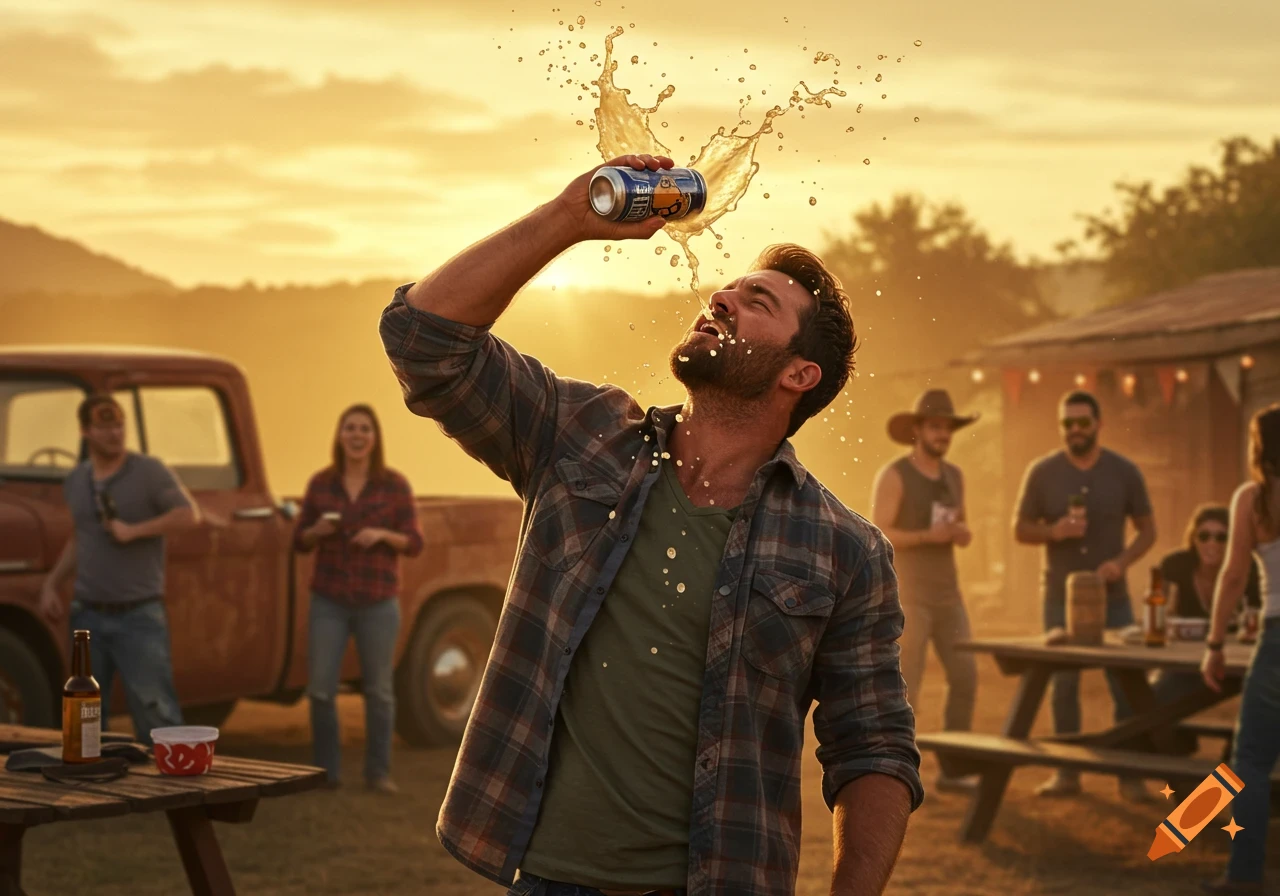 A man in a plaid shirt shotguns a beer, spilling it over his face, at an outdoor gathering during sunset.
