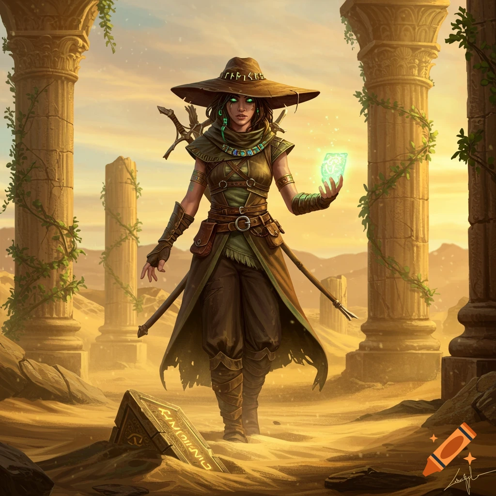 A female fantasy archeologist with glowing green eyes and a wide-brimmed hat stands in desert ruins, holding a glowing green artifact.