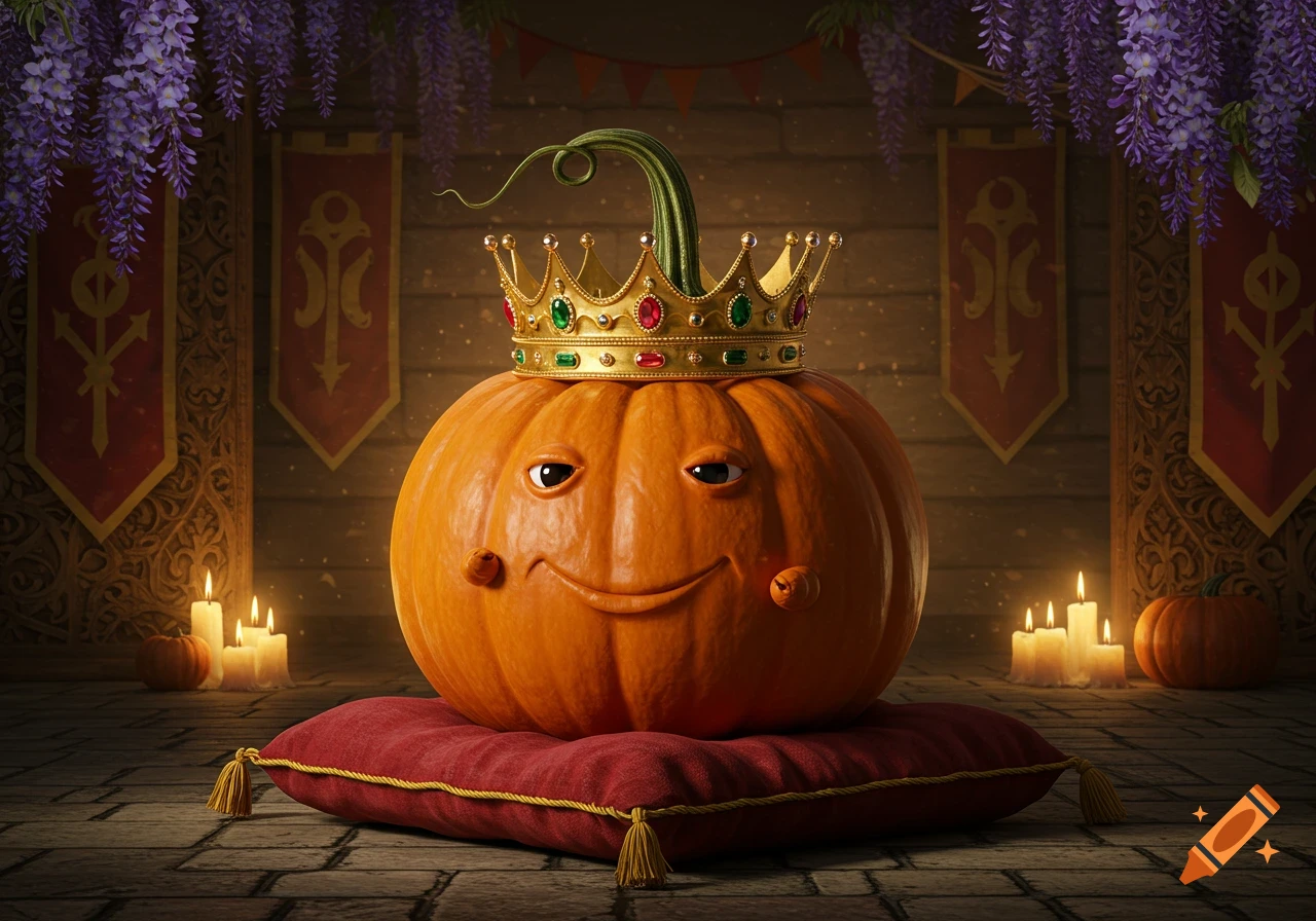 A happy pumpkin wearing a golden jeweled crown sits on a red pillow in a candlelit room with hanging purple wisteria and banners.