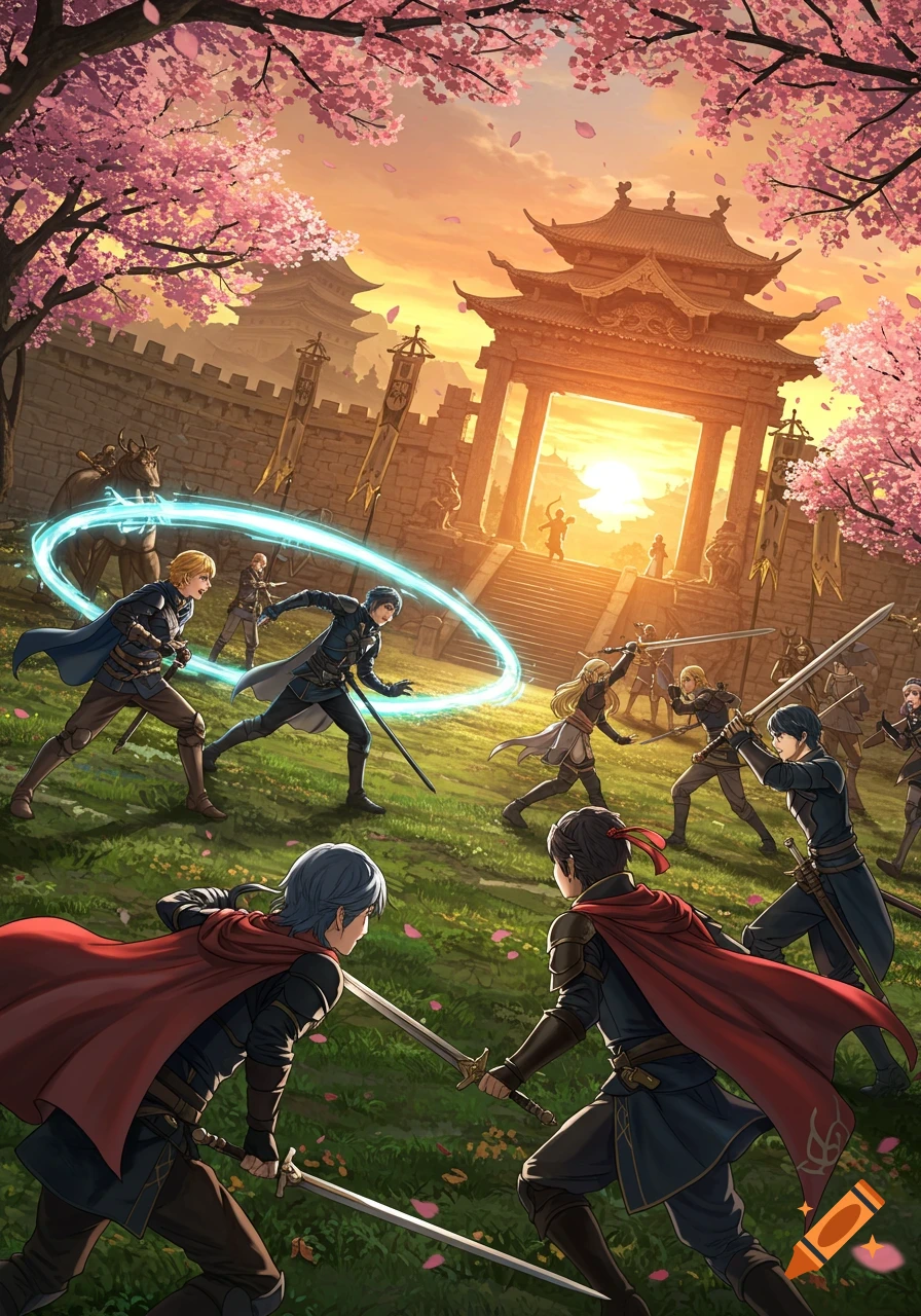 Anime fantasy battle at sunset with multiple sword-wielding characters outside a Japanese temple gate and cherry blossom trees.