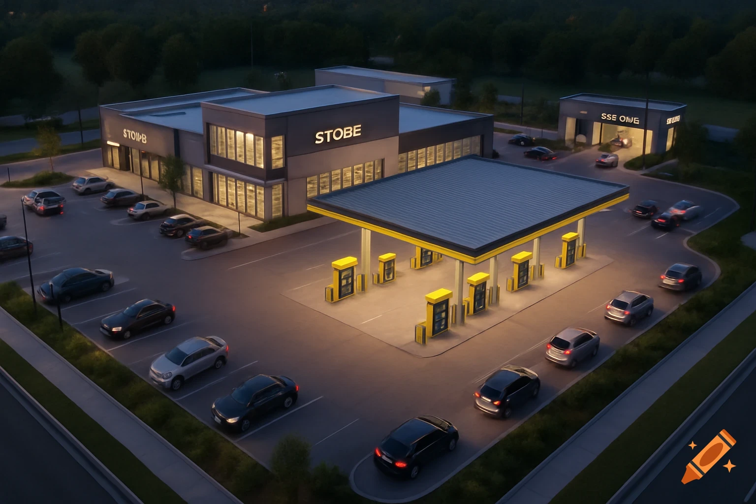 Aerial view of a modern gas station and commercial complex with a multi-story building, gas pumps, and a car wash at dusk.