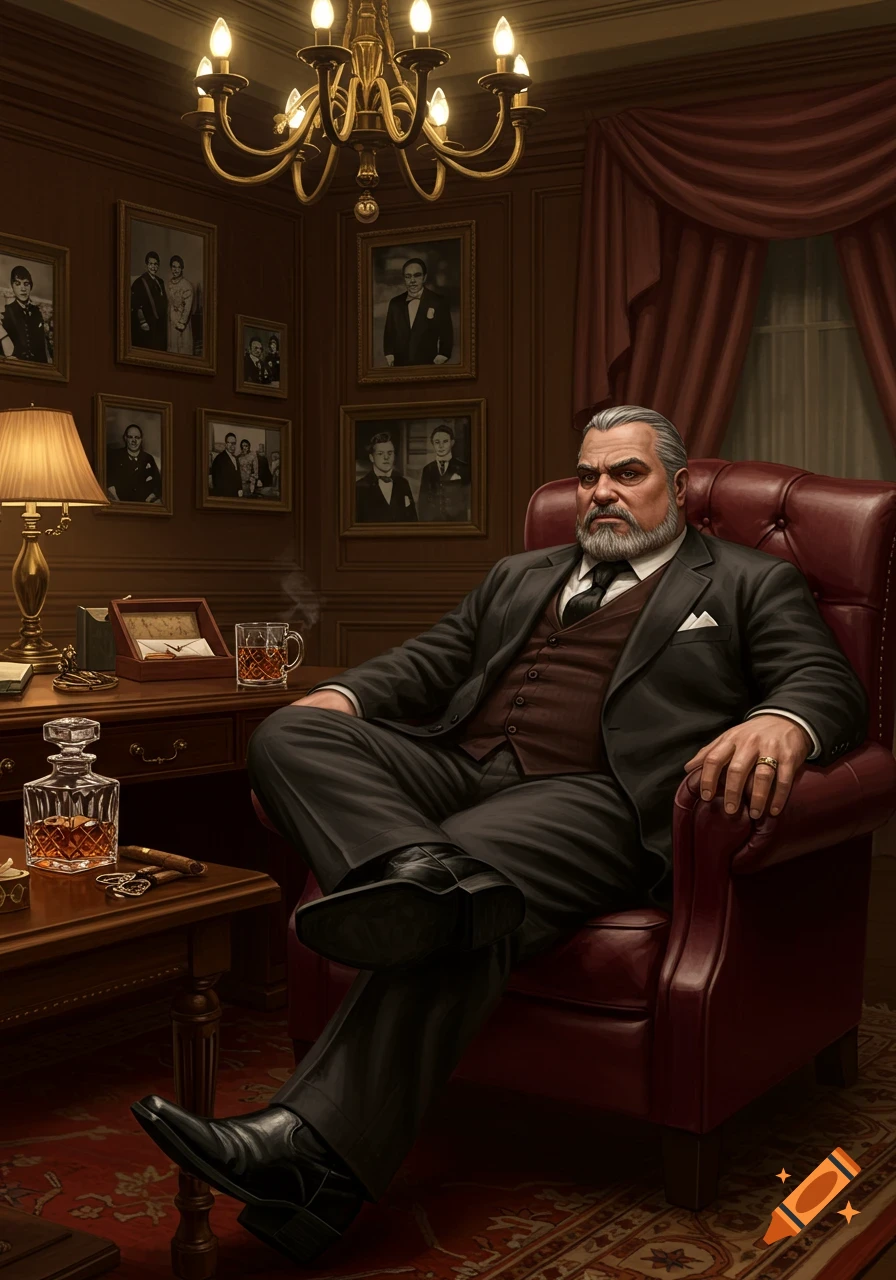 A photorealistic illustration of a serious, bearded man in a suit sitting in a red armchair in a luxurious wood-paneled study.