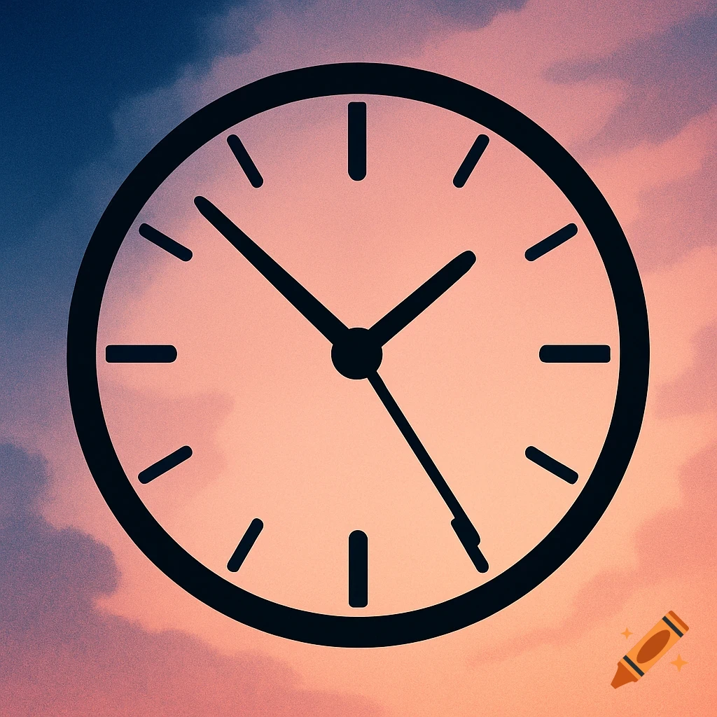 A silhouette of a clock set to 11:45 against a blue and orange sky.