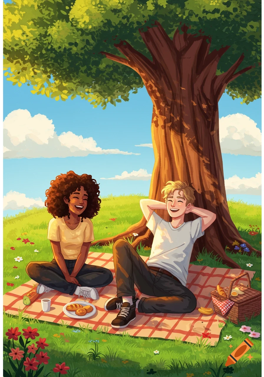 Two friends share a picnic under a large tree in a sunny, grassy park, laughing and relaxing in a colorful illustration.