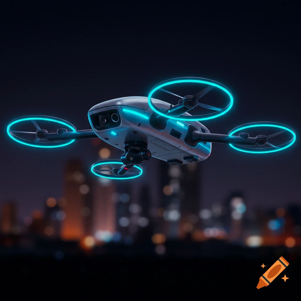 A futuristic security drone with glowing blue accents flies over a blurred city skyline at night.