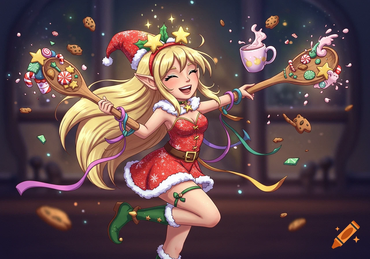 A cheerful blonde cartoon elf in a Christmas dress dances, holding two wooden spoons overflowing with candy, cookies, and hot chocolate, surrounded by sparkles.
