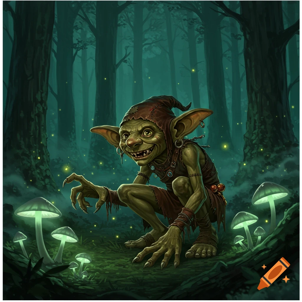 A grotesque green goblin squats in a dark, misty forest, surrounded by glowing mushrooms and fireflies.
