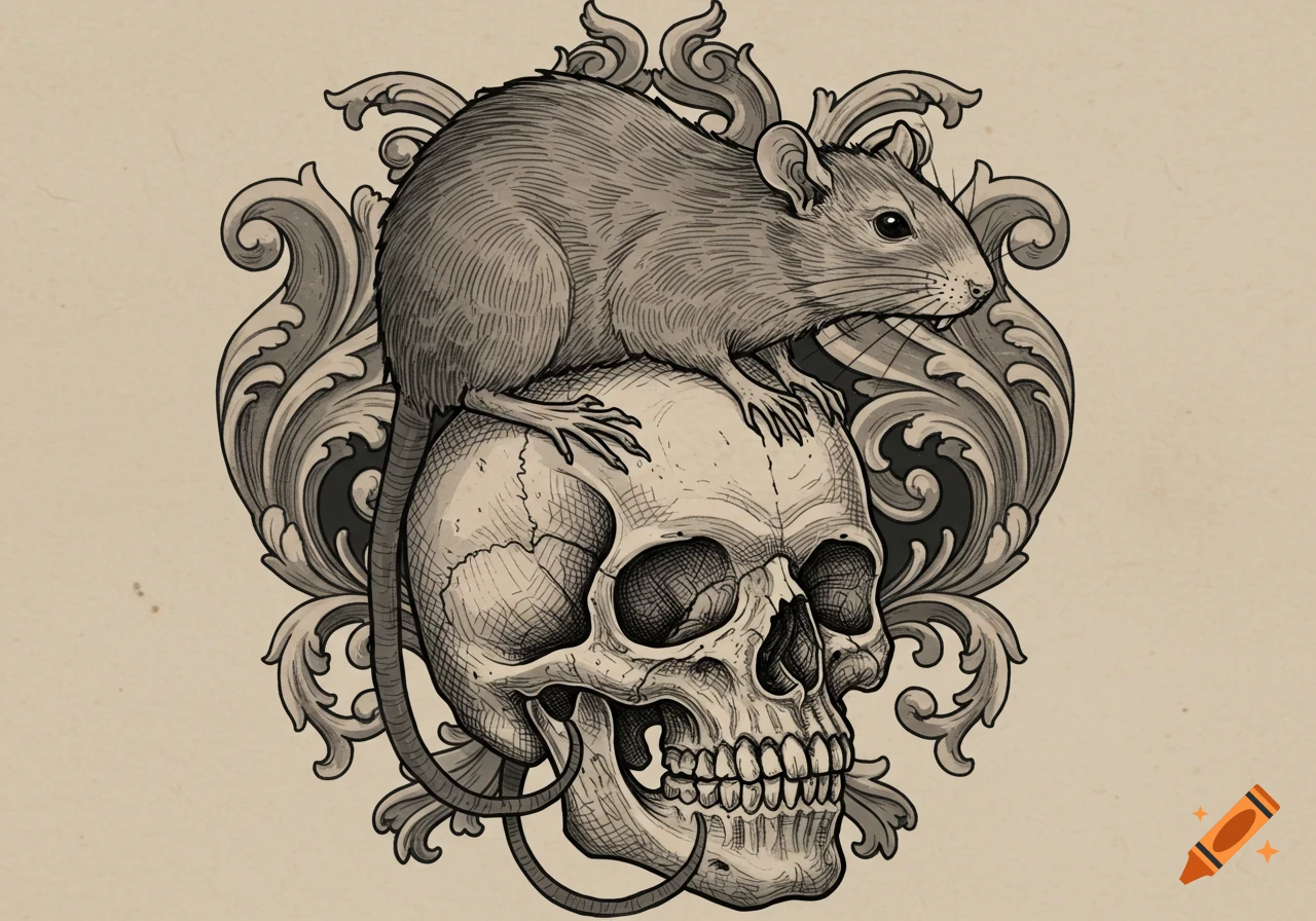 A rat sitting on a human skull, surrounded by ornate scrollwork, in a detailed medieval woodcut style illustration.