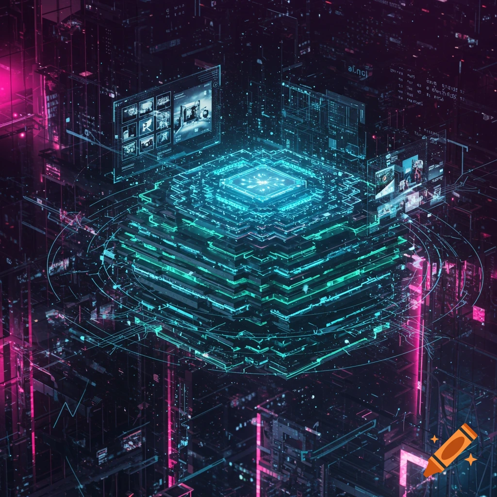 A futuristic glowing blue and green cube-like core surrounded by digital data streams, screens, and circuits in a dark, neon-lit cityscape.