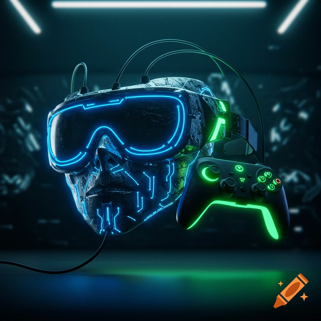 A futuristic gaming mask with glowing blue circuit patterns and a glowing green game controller.
